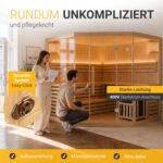 Artsauna Saunakabine Espoo 200 Premium mit Harvia Ofen — 5 Personen — Hemlock Holz, Glasfront und LED Licht — Inkl. Thermometer & Sanduhr —Komplett Set