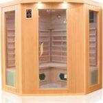 Dewello® Infrarotkabine Infrarotsauna Haley 160x160 für 2-4 Personen aus Hemlock Holz mit Keramikstrahler, Bodenstrahler, LED-Farblicht, Bluetooth, FM,MP3,USB