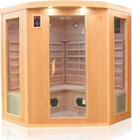 Dewello® Infrarotkabine Infrarotsauna Haley 160x160 für 2-4 Personen aus Hemlock Holz mit Keramikstrahler, Bodenstrahler, LED-Farblicht, Bluetooth, FM,MP3,USB