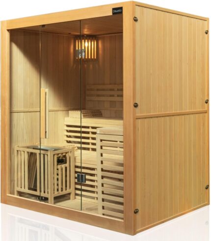 Dewello® Finnische Sauna Sarnia 180x140 Kabine aus Hemlock Tannenholz mit 6KW HARVIA Ofen 2-4 Personen inkl. komplettem Zubehör