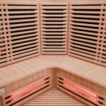 Dewello® Infrarotkabine Infrarotsauna KENORA 140x140 für 2-3 Personen aus Hemlockholz, Vollspektrumstrahler, Bodenstrahler, LED-Farblicht, Bluetooth, mit Salzsteinoptik