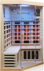 Dewello® Infrarotkabine Infrarotsauna Brandon 120cm x 120cm Dual-Therm für 1-2 Personen aus Hemlock Holz mit Vollspektrumstrahler, Bodenstrahler, LED-Farblicht, Bluetooth, FM,MP3,USB