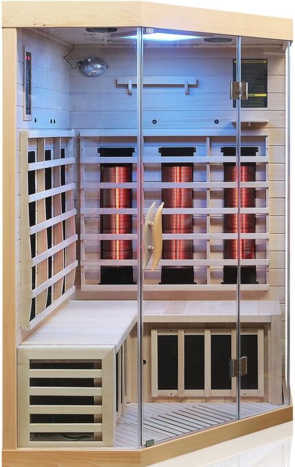 Dewello® Infrarotkabine Infrarotsauna Brandon 120cm x 120cm Dual-Therm für 1-2 Personen aus Hemlock Holz mit Vollspektrumstrahler, Bodenstrahler, LED-Farblicht, Bluetooth, FM,MP3,USB