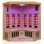 Dewello® Infrarotkabine Infrarotsauna Brandon 120cm x 120cm Dual-Therm für 1-2 Personen aus Hemlock Holz mit Vollspektrumstrahler, Bodenstrahler, LED-Farblicht, Bluetooth, FM,MP3,USB