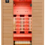 Dewello® Infrarotkabine Infrarotsauna Hyder 115x105 für 1-2 Personen aus Hemlock Holz mit Vollspektrumstrahler, LED-Farblicht, Bluetooth, FM,MP3,USB