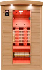 Dewello® Infrarotkabine Infrarotsauna Hyder 115x105 für 1-2 Personen aus Hemlock Holz mit Vollspektrumstrahler, LED-Farblicht, Bluetooth, FM,MP3,USB