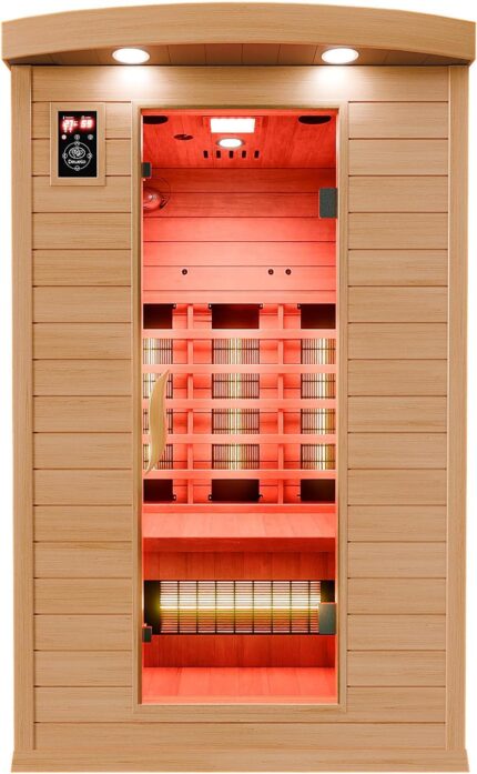 Dewello® Infrarotkabine Infrarotsauna Hyder 115x105 für 1-2 Personen aus Hemlock Holz mit Vollspektrumstrahler, LED-Farblicht, Bluetooth, FM,MP3,USB