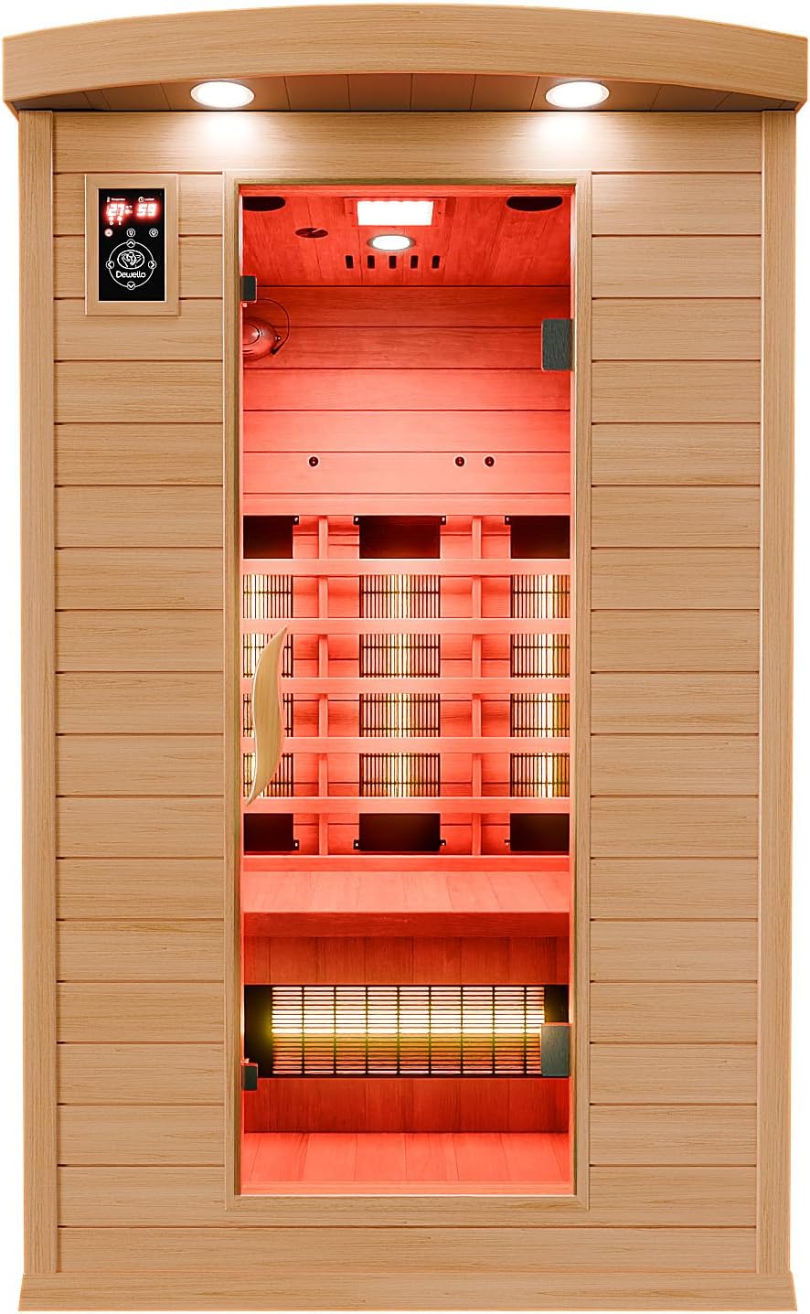 71SbiHmzwRL._AC_SL1500 Dewello® Infrarotkabine Infrarotsauna Hyder 115x105 für 1-2 Personen aus Hemlock Holz mit Vollspektrumstrahler, LED-Farblicht, Bluetooth, FM,MP3,USB