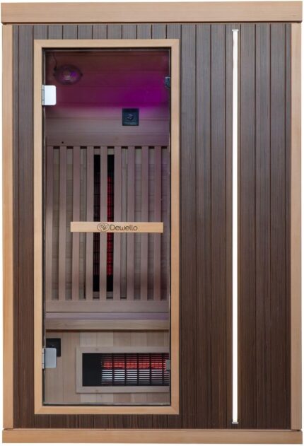Dewello® Infrarotkabine Infrarotsauna Melville 130x105 für 1-2 Personen aus Hemlockholz und Walnussholz, Vollspektrumstrahler, Bodenstrahler, LED-Farblicht, Bluetooth