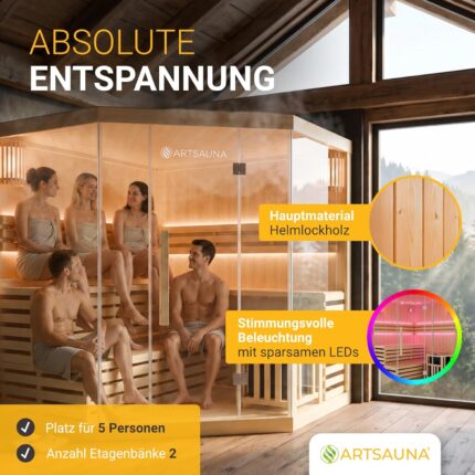 Artsauna Saunakabine Espoo 200 Premium mit Harvia Ofen — 5 Personen — Hemlock Holz, Glasfront und LED Licht — Inkl. Thermometer & Sanduhr —Komplett Set