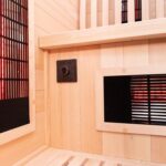 Dewello® Infrarotkabine Infrarotsauna Melville 130x105 für 1-2 Personen aus Hemlockholz und Walnussholz, Vollspektrumstrahler, Bodenstrahler, LED-Farblicht, Bluetooth