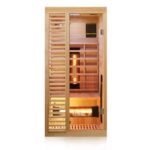 Dewello® Infrarotkabine Infrarotsauna Hamlin 130x105cm für 1-2 Personen aus Hemlock Holz mit Vollspektrumstrahler, Bodenstrahler, LED-Farblicht, Bluetooth, FM,MP3,USB