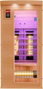 Dewello® Infrarotkabine Infrarotsauna Pierson 90x90 für 1 Person aus Hemlock Holz mit Vollspektrumstrahler, Bodenstrahler, LED-Farblicht, Bluetooth, FM,MP3,USB