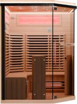 Dewello® Infrarotkabine Infrarotsauna KENORA 140x140 für 2-3 Personen aus Hemlockholz, Vollspektrumstrahler, Bodenstrahler, LED-Farblicht, Bluetooth, mit Salzsteinoptik