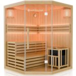 Artsauna Saunakabine Espoo 200 Premium mit Harvia Ofen — 5 Personen — Hemlock Holz, Glasfront und LED Licht — Inkl. Thermometer & Sanduhr —Komplett Set