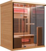 Dewello® Infrarotkabine Infrarotsauna KENORA 160x120 für 2-3 Personen aus Hemlockholz, Vollspektrumstrahler, Bodenstrahler, LED-Farblicht, Bluetooth, mit Salzsteinoptik