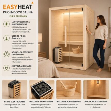 WELCON Easyheat Sauna Indoor für 2 Personen – Heimsauna mit 3,6 kW Elektroofen, 230 Volt Anschluss, kompakte Saunakabine für Zuhause