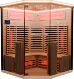 Dewello® Infrarotkabine Infrarotsauna KENORA 140x140 für 2-3 Personen aus Hemlockholz, Vollspektrumstrahler, Bodenstrahler, LED-Farblicht, Bluetooth, mit Salzsteinoptik
