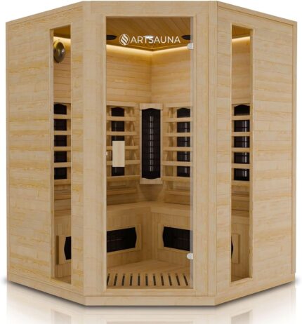 Artsauna Eck-Infrarotkabine Nyborg E150K - Infrarotsauna 150x150 cm mit Dual-Technologie & LED-Farblicht - bis zu 4 Personen - Wärmekabine aus Hemlock