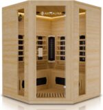 Artsauna Eck-Infrarotkabine Nyborg E150K - Infrarotsauna 150x150 cm mit Dual-Technologie & LED-Farblicht - bis zu 4 Personen - Wärmekabine aus Hemlock