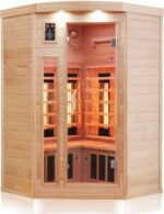 Dewello® Infrarotkabine Infrarotsauna LAKEFIELD 120cm x 120cm für 1-2 Personen aus Hemlock Holz mit Vollspektrumstrahler, LED-Farblicht, Bluetooth, FM,MP3,USB
