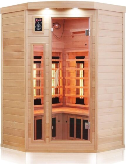 Dewello® Infrarotkabine Infrarotsauna LAKEFIELD 120cm x 120cm für 1-2 Personen aus Hemlock Holz mit Vollspektrumstrahler, LED-Farblicht, Bluetooth, FM,MP3,USB