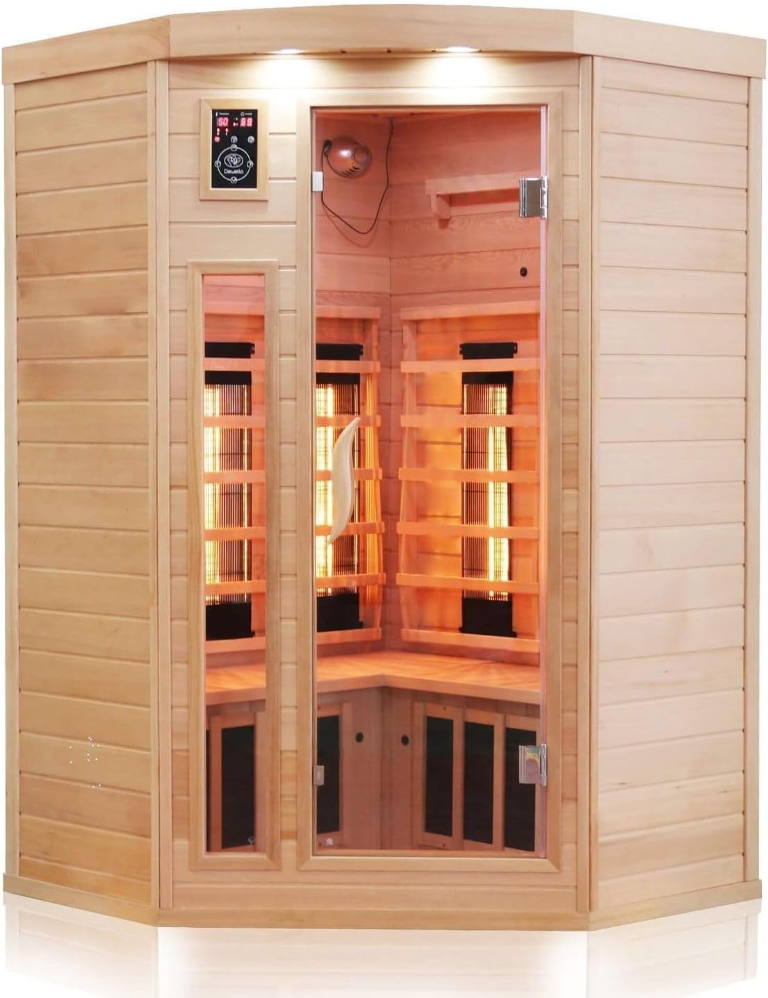 71g_aSFcJML._AC_SL1500 Dewello® Infrarotkabine Infrarotsauna LAKEFIELD 120cm x 120cm für 1-2 Personen aus Hemlock Holz mit Vollspektrumstrahler, LED-Farblicht, Bluetooth, FM,MP3,USB