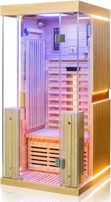 Dewello® Infrarotkabine Infrarotsauna Kingston 90cm x 90cm für 1 Person aus Hemlock Holz mit verstellbarem Vollspektrumstrahler