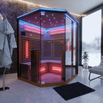 Dewello® Infrarotkabine Infrarotsauna KENORA 140x140 für 2-3 Personen aus Hemlockholz, Vollspektrumstrahler, Bodenstrahler, LED-Farblicht, Bluetooth, mit Salzsteinoptik