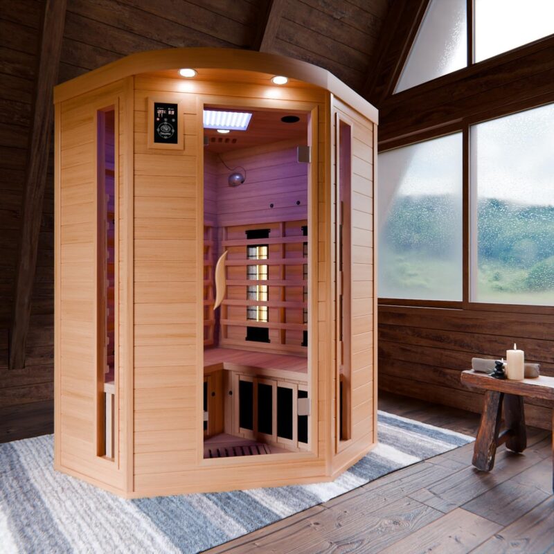 Dewello Infrarotkabine LAKEFIELD 3 120x120 DUAL-THERM für 1-2 Personen aus Hemlock Holz mit Vollspektrumstrahler