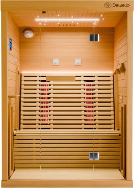 Dewello® Infrarotkabine Infrarotsauna Palermo 135x120 für 1-2 Personen aus Hemlockholz, Vollspektrumstrahler, Bodenstrahler, LED-Farblicht und Beleuchtung, Bluetooth
