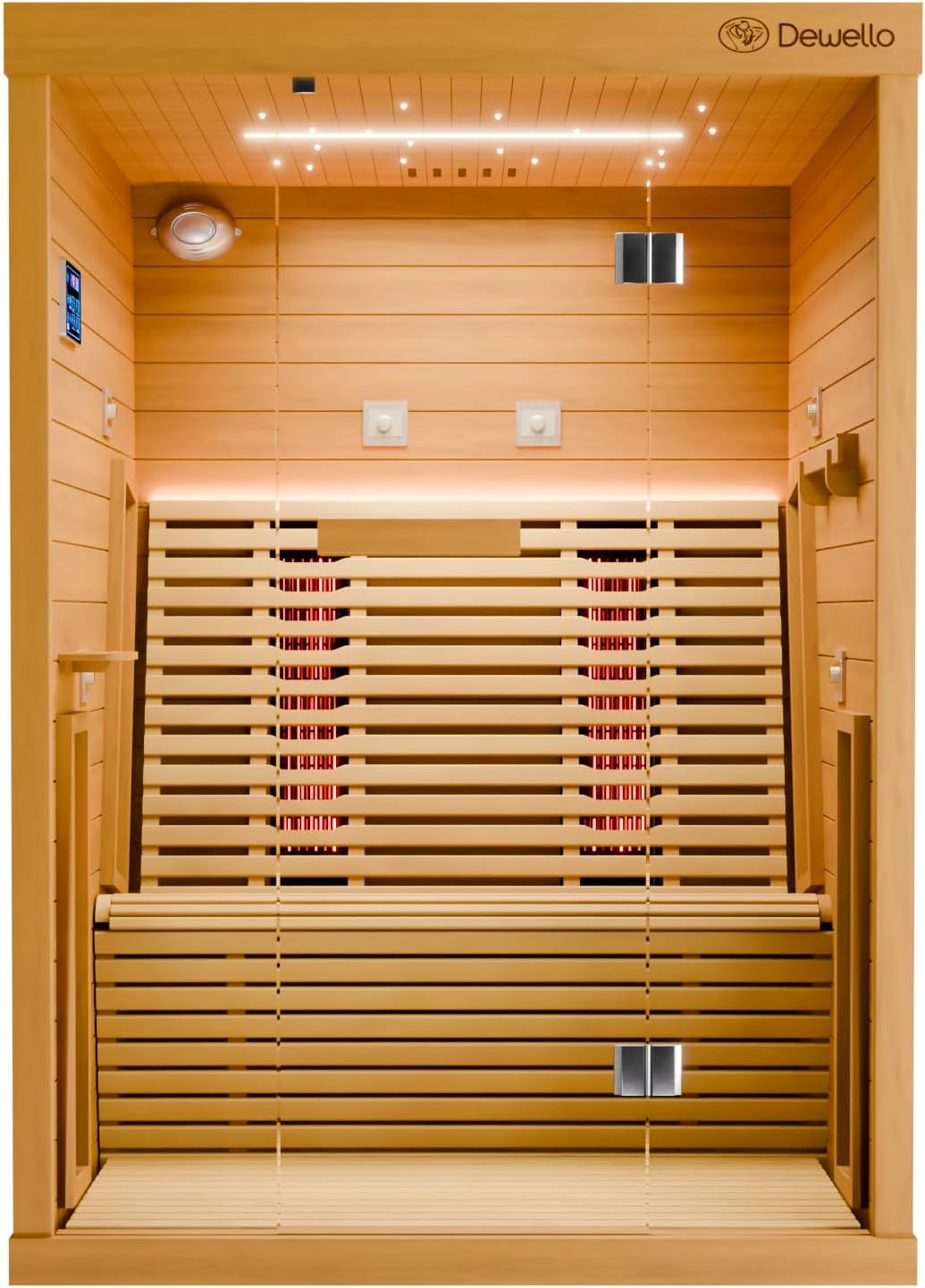 71mPspL5yhL._AC_SL1500 Dewello® Infrarotkabine Infrarotsauna Palermo 135x120 für 1-2 Personen aus Hemlockholz, Vollspektrumstrahler, Bodenstrahler, LED-Farblicht und Beleuchtung, Bluetooth