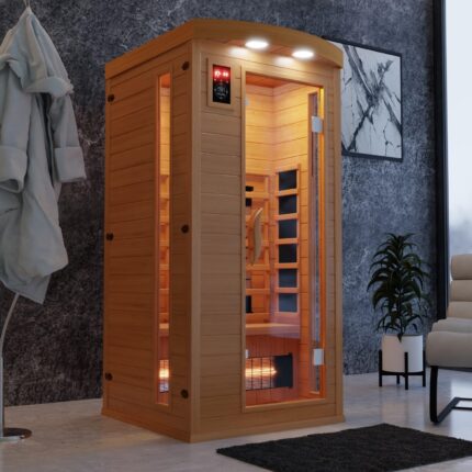Dewello® Infrarotkabine Infrarotsauna Pierson 90x90 für 1 Person aus Hemlock Holz mit Vollspektrumstrahler, Bodenstrahler, LED-Farblicht, Bluetooth, FM,MP3,USB