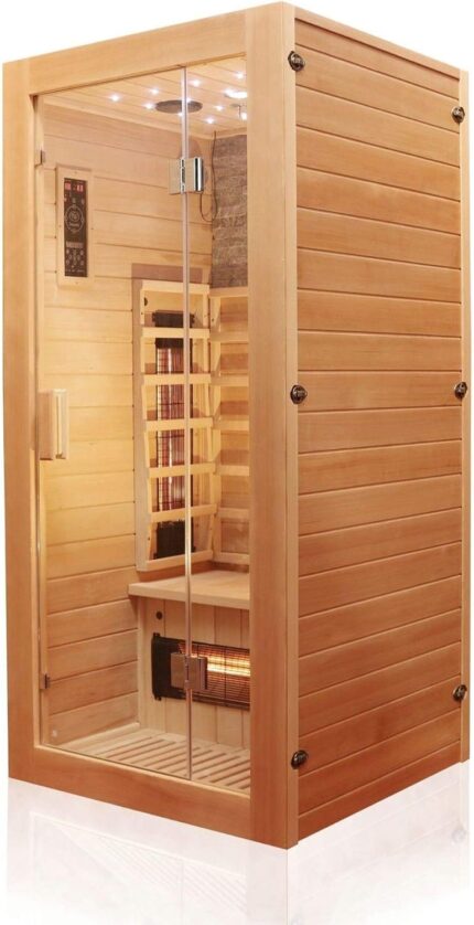 Dewello® Infrarotkabine Infrarotsauna MILTON 90x90 für 1 Personen aus Hemlock Holz mit Vollspektrumstrahler, LED-Farblicht Sternenhimmel und Steinwand, Bluetooth, FM,MP3,USB