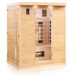 Dewello® Infrarotkabine Infrarotsauna Pierson 90x90 für 1 Person aus Hemlock Holz mit Vollspektrumstrahler, Bodenstrahler, LED-Farblicht, Bluetooth, FM,MP3,USB