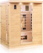 Dewello® Infrarotkabine Infrarotsauna Pierson 160x105 für 2-3 Personen aus Hemlock Holz mit Vollspektrumstrahler, Bodenstrahler, LED-Farblicht, Bluetooth, FM,MP3,USB