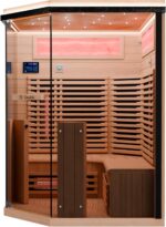 Dewello® Infrarotkabine Infrarotsauna KENORA 140x140 für 2-3 Personen aus Hemlockholz, Vollspektrumstrahler, Bodenstrahler, LED-Farblicht, Bluetooth, mit Salzsteinoptik