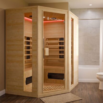 Artsauna Eck-Infrarotkabine Nyborg E150K - Infrarotsauna 150x150 cm mit Dual-Technologie & LED-Farblicht - bis zu 4 Personen - Wärmekabine aus Hemlock