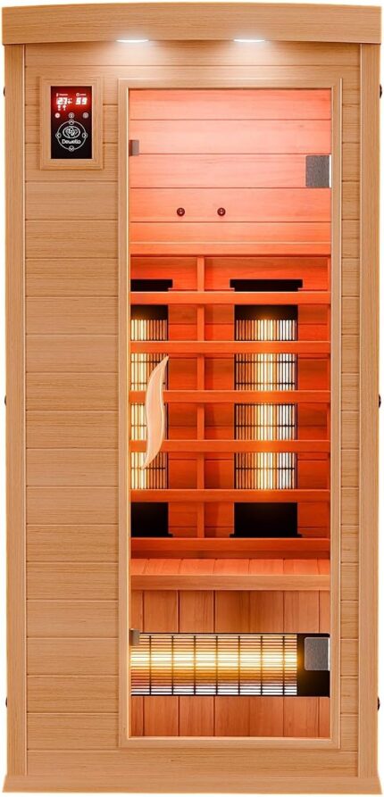 Dewello® Infrarotkabine Infrarotsauna Pierson 90x90 für 1 Person aus Hemlock Holz mit Vollspektrumstrahler, Bodenstrahler, LED-Farblicht, Bluetooth, FM,MP3,USB