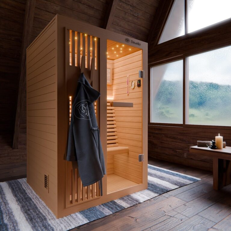Dewello® Finnische Sauna Minto 120x120 Kabine aus Hemlock Tannenholz mit 3,5KW HARVIA Ofen 1-2 Personen inkl. Sauna Zubehör