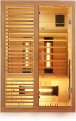 Dewello® Infrarotkabine Infrarotsauna Hamlin 130x105cm für 1-2 Personen aus Hemlock Holz mit Vollspektrumstrahler, Bodenstrahler, LED-Farblicht, Bluetooth, FM,MP3,USB