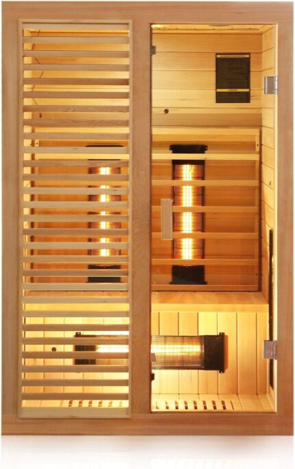 Dewello® Infrarotkabine Infrarotsauna Hamlin 130x105cm für 1-2 Personen aus Hemlock Holz mit Vollspektrumstrahler, Bodenstrahler, LED-Farblicht, Bluetooth, FM,MP3,USB