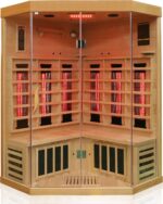 Dewello® Infrarotkabine Infrarotsauna Brandon 120cm x 120cm Dual-Therm für 1-2 Personen aus Hemlock Holz mit Vollspektrumstrahler, Bodenstrahler, LED-Farblicht, Bluetooth, FM,MP3,USB