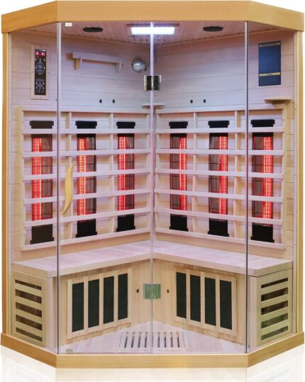 Dewello® Infrarotkabine Infrarotsauna Brandon 120cm x 120cm Dual-Therm für 1-2 Personen aus Hemlock Holz mit Vollspektrumstrahler, Bodenstrahler, LED-Farblicht, Bluetooth, FM,MP3,USB