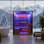 Dewello® Infrarotkabine Infrarotsauna KENORA 160x120 für 2-3 Personen aus Hemlockholz, Vollspektrumstrahler, Bodenstrahler, LED-Farblicht, Bluetooth, mit Salzsteinoptik
