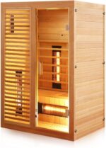 Dewello® Infrarotkabine Infrarotsauna Hamlin 130x105cm für 1-2 Personen aus Hemlock Holz mit Vollspektrumstrahler, Bodenstrahler, LED-Farblicht, Bluetooth, FM,MP3,USB