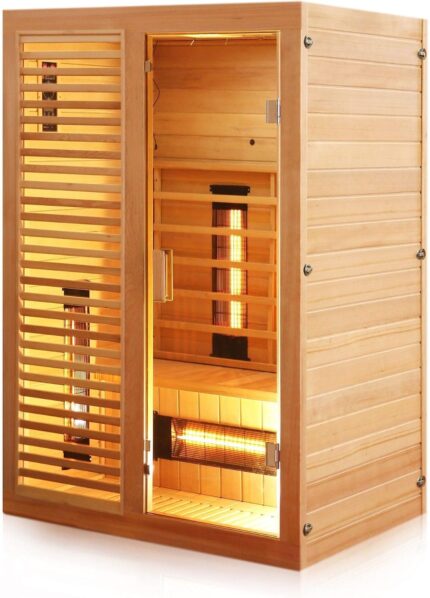 Dewello® Infrarotkabine Infrarotsauna Hamlin 130x105cm für 1-2 Personen aus Hemlock Holz mit Vollspektrumstrahler, Bodenstrahler, LED-Farblicht, Bluetooth, FM,MP3,USB