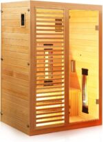 Dewello® Infrarotkabine Infrarotsauna Hamlin 130x105cm für 1-2 Personen aus Hemlock Holz mit Vollspektrumstrahler, Bodenstrahler, LED-Farblicht, Bluetooth, FM,MP3,USB
