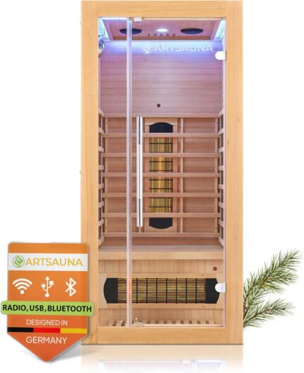 Artsauna Infrarotkabine Kiruna90 mit 4 Vollspektrum- & 3 Flächenstrahler, 1 Person, 90 x 90 x 190 cm, LED Farblicht & Glastür, Infrarotsauna Sauna