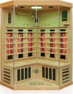 Dewello® Infrarotkabine Infrarotsauna Brandon 120cm x 120cm Dual-Therm für 1-2 Personen aus Hemlock Holz mit Vollspektrumstrahler, Bodenstrahler, LED-Farblicht, Bluetooth, FM,MP3,USB